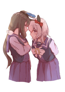 2girls absurdres admire_vega_(umamusume) animal_ears arms_behind_back b0tam0chi3 black_hairband blush bow bowtie brown_hair commentary_request curren_chan_(umamusume) ear_bow ear_covers grey_hair hair_between_eyes hairband highres horse_ears horse_girl long_hair long_sleeves looking_at_another multiple_girls no_tail pleated_skirt ponytail purple_eyes purple_sailor_collar purple_serafuku purple_shirt purple_skirt red_bow sailor_collar sailor_shirt school_uniform serafuku shirt short_hair simple_background single_ear_cover skirt tracen_school_uniform umamusume white_background white_bow white_bowtie