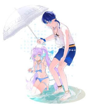 Rule 34 | 1boy, 1girl, :o, absurdres, armband, barefoot, beach, bikini, blue bikini, blue eyes, blue hair, blue nails, blue swim trunks, braid, chest markings, ciel (elsword), demon tail, elsword, frilled umbrella, frills, goguma yummyy, highres, holding, holding seashell, holding umbrella, jewelry, kneeling, kneeling on liquid, leaning forward, long hair, looking at another, luciela r. sourcream, male swimwear, multicolored hair, nail polish, necklace, official alternate costume, official alternate hairstyle, parasol, pointy ears, purple hair, seashell, see-through clothes, see-through shirt, shell, shirt, short braid, side-tie bikini bottom, smile, standing, standing on liquid, swimming, swimsuit, symbol-shaped pupils, tail, tied shirt, twintails, umbrella, water, wristband