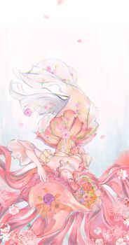 1girl absurdres bare_shoulders blue_background bow center_frills chinese_commentary closed_eyes closed_mouth collarbone commentary_request dress floating_hair flower frills full_body gloves gradient_background hand_on_headwear hat hat_bow hat_flower hat_over_one_eye highres infinity_nikki jewelry large_hat layered_sleeves light_smile lipstick long_dress long_hair long_sleeves makeup necklace nikki_(nikki) nikki_(series) off-shoulder_dress off_shoulder official_alternate_color orange_bow orange_gloves peony_(flower) petals pink_dress pink_flower pink_hair pink_hat pink_lips plant pleated_dress pleated_sleeves purple_flower purple_rose rainfall_&amp;_blossoms_(infinity_nikki) red_horse rose short_over_long_sleeves short_sleeves solo ther417 two-tone_background upside-down very_long_hair vines white_background witch witch_hat yellow_sleeves