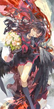 1girl absurdres angel_wings black_choker black_gloves black_hair black_sailor_collar black_serafuku black_shirt black_skirt black_socks black_wings blue_archive choker commentary finger_to_mouth gloves grey_eyes halo highres ichika_(blue_archive) ichika_(ichika87) index_finger_raised long_hair neckerchief one_eye_closed red_neckerchief sailor_collar school_uniform serafuku shirt skirt socks solo symbol-only_commentary thighs wings