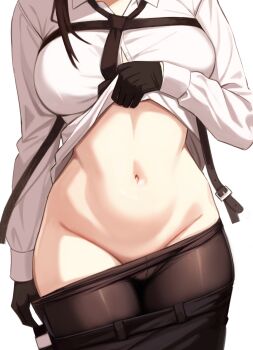 1girl absurdres artist_request black_gloves black_hair black_necktie black_shorts breasts brown_pantyhose button_gap chest_harness clothes_lift clothes_pull collared_shirt commentary_request commission cowboy_shot fine_fabric_emphasis gloves groin harness head_out_of_frame highres korean_commentary lifting_own_clothes long_sleeves medium_breasts navel necktie no_panties original pantyhose pantyhose_pull pulling_own_clothes resia_(emonmong) second-party_source shirt shirt_lift shorts shorts_pull simple_background solo standing stomach white_background white_shirt