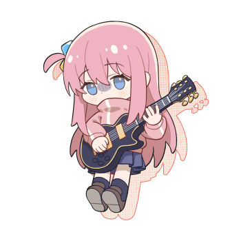 1girl absurdres black_socks blue_eyes blue_skirt blush bocchi_the_rock! brown_shoes chibi chibi_only chinese_commentary commentary_request cube_hair_ornament drop_shadow electric_guitar full_body gotoh_hitori guitar hair_ornament highres holding holding_guitar holding_instrument instrument jacket long_hair long_sleeves one_side_up pink_hair pink_jacket pleated_skirt shoes simple_background skirt socks solo tianqiyubao_euc track_jacket white_background