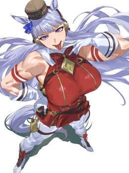 1girl absurdres animal_ears armband armpits belt_pouch boots breasts brown_hat commentary dress from_above full_body gloves gold_ship_(red_strife)_(umamusume) gold_ship_(umamusume) hand_on_own_chest hat high_heels highres horse_ears horse_girl horse_tail large_breasts legs_apart long_hair looking_at_viewer mini_hat muscular muscular_female open_mouth pantyhose pouch purple_eyes purple_hair red_dress shadow simple_background smile solo stiletto_heels tail taiyang_yu teeth thighhighs tongue tongue_out umamusume upper_teeth_only very_long_hair white_background white_boots white_gloves white_thighhighs