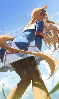 Rule 34 | 1girl, animal ears, armband, black pantyhose, blue eyes, blue jacket, bow, brown hair, dress, ear bow, ear ornament, ear ribbon, from below, grass wonder (stone-piercing blue) (umamusume), grass wonder (umamusume), highres, horse ears, horse girl, horse tail, jacket, long hair, long sleeves, ningen gokko, open mouth, pantyhose, parted lips, pleated skirt, red armband, sailor collar, skirt, solo, sweat, tail, umamusume, white sailor collar, white skirt