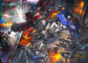 absurdres arm_blade autobot blue_eyes fire highres humanoid_robot insignia machine mask mecha motor_vehicle mouth_mask optimus_prime robot science_fiction seafood_pie semi_truck transformers transformers:_rise_of_the_beasts transformers_(live_action) truck weapon