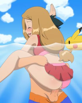 1boy 1girl animated animated_gif ash_ketchum black_hair blonde_hair blush brown_hair clothed_sex clothing_aside cloud day gen_1_pokemon hetero jitan_(jjvm4477) lifebuoy nintendo panties panties_aside partially_submerged partially_underwater_shot penis pikachu pokemon pokemon_(anime) pokemon_xy_(anime) serena_(pokemon) sex sky smile standing standing_sex straddling swim_ring swimsuit testicles themed_object uncensored underwater underwater_sex underwear upright_straddle