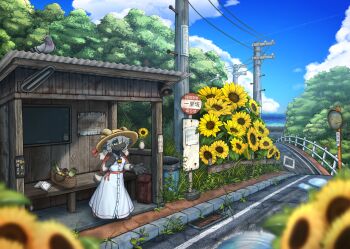 1girl basket bell bird blurry blurry_foreground book bus_stop bus_stop_shelter bus_stop_sign capelet cloud cloudy_sky contrail corrugated_galvanized_iron_sheet cowbell day dress flower furry furry_female grass green_eyes grey_hair hair_over_one_eye hat highres horns horns_through_headwear long_dress original outdoors pigeon power_lines puddle radish red_capelet road scenery sheep_girl sidewalk sky solo spring_onion straw_hat sunflower trash_can vase watch wide_shot wolfeed wristwatch