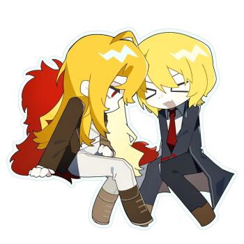 Rule 34 | > <, 2girls, :d, ahoge, black coat, black pants, blonde hair, boots, brown boots, brown jacket, coat, collared shirt, don quixote (project moon), dual persona, gala9960, hashtag-only commentary, highres, invisible chair, jacket, la manchaland (identity) (project moon), limbus company, looking at viewer, multiple girls, open mouth, pants, project moon, red eyes, sancho (project moon), shirt, simple background, sitting, smile, white background, white jacket, white pants, white shirt, xd