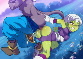 1boy 1girl animal_penis ass beerus brown_footwear censored cheelai clothed_sex colored_skin dragon_ball dragon_ball_super dragon_ball_super_super_hero forced gloves green_skin helpless hetero jcm2 knotted_penis mosaic_censoring on_floor one_eye_closed penis purple_skin reverse_piledriver_(sex) sex short_hair teeth white_footwear white_gloves white_hair