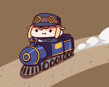 1girl :t blonde_hair blue_hat brown_background chibi chibi_only commentary dooby dooby_(1st_costume) hat highres indie_virtual_youtuber keenbiscuit locomotive looking_ahead simple_background solo steam steam_locomotive train virtual_youtuber