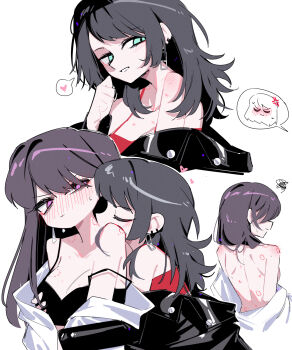 Rule 34 | 2girls, anger vein, bang dream!, bang dream! it's mygo!!!!!, bite mark, bite mark on breast, bite mark on neck, bite mark on shoulder, black bra, black hair, black jacket, blue eyes, blush, bra, brown hair, earrings, grabbing another's breast, grabbing from behind, groping, heart, hickey, highres, jacket, jewelry, long hair, mole, mole under eye, multiple girls, off shoulder, purple eyes, red shirt, shiina taki, shirt, smile, spoken heart, sweat, underwear, white shirt, yahata umiri, yuri, zikiki1092