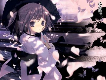 1girl blurry brown_hair bug butterfly cherry_blossoms depth_of_field exif_thumbnail_surprise female_focus hinayuki_usa holding bug japanese_clothes kimono looking_at_viewer looking_back original parasol parted_lips petals purple_eyes short_hair solo stairs standing traditional_clothes twintails two_side_up umbrella