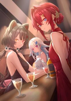 3girls alcohol alternate_costume ange_katrina animal_ears animal_hair_ornament arm_rest back bar_(place) bare_arms black_dress blue_eyes blue_hair blunt_bangs blush bottle breasts brown_hair closed_mouth cocktail_dress colored_inner_hair commentary_request crossed_bangs cup dog_ears dress drinking_glass earrings flower glint gradient_eyes hair_between_eyes hair_bun hair_flaps hair_flower hair_intakes hair_ornament halter_dress halterneck heterochromia highres indoors inui_toko jewelry lips lize_helesta long_hair long_sidelocks looking_at_viewer looking_to_the_side low_twintails medium_breasts mikan_mizu multicolored_eyes multicolored_hair multiple_girls nijisanji purple_eyes red_dress red_eyes red_hair sanbaka_(nijisanji) sideboob sidelocks single_hair_bun small_breasts smile streaked_hair triangle_hair_ornament twintails two-tone_hair very_long_hair virtual_youtuber whiskey white_dress white_hair yellow_eyes