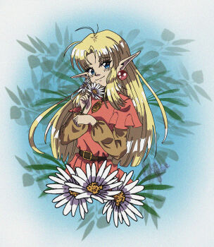 1990s_(style) 1girl absurdres ahoge belt blonde_hair blue_eyes brown_belt closed_mouth commission commissioner_upload deltaflareon dress earrings elf film_grain flat_chest flower highres holding holding_flower jewelry long_hair long_sleeves looking_at_viewer lotte_farona official_art orange_dress orange_shirt pointy_ears retro_artstyle shirt signature smile solo upper_body ways_of_darkness_(series) white_flower