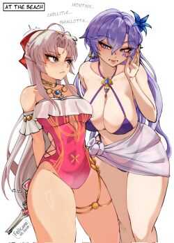 Rule 34 | 2girls, ahoge, alternate costume, bare shoulders, bikini, blue eyes, blush, breasts, cantarella (wuthering waves), carlotta (splashing summer) (wuthering waves), carlotta (wuthering waves), casual one-piece swimsuit, center opening, cleavage, closed mouth, collarbone, covered navel, earrings, english text, fellcavte, grey hair, groin, gun, hair between eyes, height difference, highleg, highleg one-piece swimsuit, highres, holding, holding gun, holding weapon, jewelry, large breasts, long hair, looking at another, medium breasts, mole, mole under eye, multiple girls, off-shoulder one-piece swimsuit, off shoulder, official alternate costume, one-piece swimsuit, open mouth, pink one-piece swimsuit, purple bikini, purple hair, rivalry, sarong, see-through clothes, smile, swimsuit, thighs, weapon, wuthering waves
