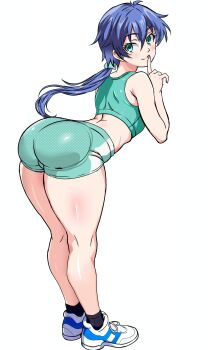 1boy absurdres ass bent_over bike_shorts blue_hair commentary crossdressing crossdressing_(mtf) english_commentary finger_to_mouth full_body green_eyes green_shorts green_sports_bra gt_(inesperados2013) highres honeycomb_(pattern) honeycomb_print lloyd_de_saloum long_hair ponytail shorts shushing solo sports_bra tensei_shitara_dai_nana_oji_datta_no_de:_kimama_ni_majutsu_o_kiwamemasu thick_thighs thighs trap white_background
