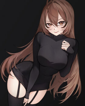 absurdres artistic_error between_legs black_background black_dress breasts brown_eyes brown_hair dress garter_straps hand_between_legs highres hololive hololive_english large_breasts long_hair looking_at_viewer nanashi_mumei smile solo thick_thighs thighhighs thighs very_long_hair vonshia