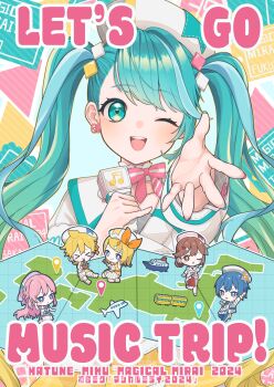 &gt;_&lt; 2boys 4girls absurdres aircraft airplane aqua_eyes aqua_hair aqua_nails arm_up beret blonde_hair blue_eyes blue_hair blush bow brother_and_sister brown_eyes brown_hair collarbone cropped_jacket diamond_hair_ornament dress hat hatsune_miku highres holding holding_microphone jacket kagamine_len kagamine_rin kaito_(vocaloid) long_hair looking_at_viewer magical_mirai_(vocaloid) magical_mirai_kaito magical_mirai_kaito_(2024) magical_mirai_len magical_mirai_len_(2024) magical_mirai_luka magical_mirai_luka_(2024) magical_mirai_meiko magical_mirai_meiko_(2024) magical_mirai_miku magical_mirai_miku_(2024) magical_mirai_rin magical_mirai_rin_(2024) megurine_luka meiko_(vocaloid) microphone multicolored_hair multiple_boys multiple_girls number_earrings omeshicha_0704 one_eye_closed pink_bow pink_hair pink_nails pleated_skirt purple_eyes reaching reaching_towards_viewer red_skirt siblings skirt smile train twintails very_long_hair vocaloid white_dress white_hat white_jacket white_skirt