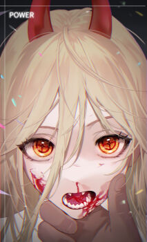 1girl absurdres blonde_hair blood blood_on_face chainsaw_man commentary cross-shaped_pupils demon_horns eye_focus fangs grabbing_another's_chin hair_between_eyes hand_on_another's_chin highres horns k_hottok long_hair looking_at_viewer nosebleed open_mouth orange_eyes portrait pov power_(chainsaw_man) red_horns sharp_teeth solo_focus symbol-shaped_pupils teeth yellow_eyes