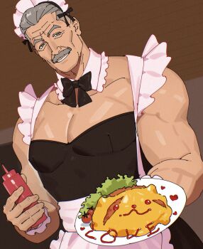 1boy apron bara black_dress black_ribbon bottle crossdressing crossdressing_(mtf) dress facial_hair food frilled_sleeves frills grey_eyes grey_hair hair_slicked_back highres holding holding_bottle holding_plate ketchup_bottle lettuce looking_at_viewer maid maid_apron maid_headdress male_focus mature_male muscular muscular_male mustache old old_man omelet omurice original pectoral_cleavage pectorals plate ribbon sa1k0p short_hair smile solo tomato unconventional_maid upper_body wrist_cuffs