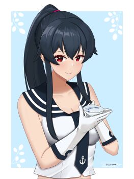 1girl absurdres alcohol anchor_symbol black_hair blue_background blue_neckerchief blue_sailor_collar blush breasts cleavage cup gloves hair_ornament hair_scrunchie highres holding holding_cup kantai_collection klashikari large_breasts long_hair looking_at_viewer neckerchief ponytail red_eyes sailor sailor_collar sailor_shirt sakazuki sake scrunchie shirt simple_background sleeveless sleeveless_shirt smile solo upper_body white_gloves white_shirt yahagi_(kancolle)