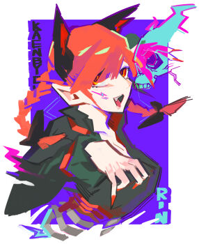 1girl absurdres animal_ears black_bow blunt_bangs bone bow braid breasts cat_ears claw_pose cleavage cropped_torso derorin dress fingernails fire flaming_skull floating_skull frilled_sleeves frills green_dress hair_between_eyes hair_bow highres kaenbyou_rin large_breasts lightning_bolt_symbol long_fingernails long_sleeves looking_at_viewer multiple_hair_bows pointy_ears red_eyes red_hair red_nails ribs sharp_fingernails sharp_teeth skull solo teeth touhou twin_braids