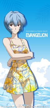 1girl absurdres artist_request ayanami_rei bad_link blue_hair cloud cloudy_sky collarbone copyright_name crop_top day floral_print floral_print_skirt highres looking_at_viewer midriff_peek neon_genesis_evangelion ocean official_art outdoors print_skirt red_eyes short_hair skirt sky solo tank_top yellow_skirt yellow_tank_top