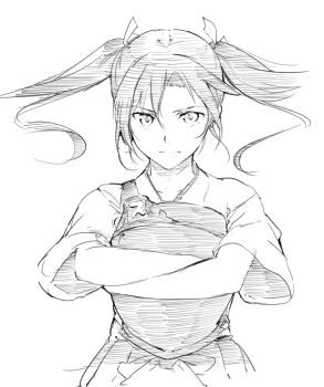 1girl closed_mouth commentary crossed_arms greyscale hair_between_eyes hair_ribbon hakama japanese_clothes kantai_collection kimono long_hair looking_at_viewer monochrome muneate ribbon simple_background solo takeshima_satoshi twintails upper_body zuikaku_(kancolle)
