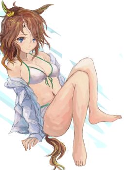 1girl animal_ears bare_shoulders bikini blue_eyes breasts brown_hair cleavage closed_mouth collarbone commentary_request hair_between_eyes horse_ears horse_girl horse_tail large_breasts long_hair long_sleeves mejiro_palmer_(umamusume) multicolored_hair navel open_clothes open_shirt ponytail shirt solo stomach streaked_hair swimsuit tail umamusume white_bikini white_hair white_shirt yanagi_wakana
