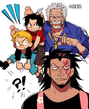 Rule 34 | !?, 4boys, aged down, apron, beard, black hair, black shirt, blonde hair, blue shirt, blue shorts, boots, clenched hand, commentary, facial hair, facial tattoo, freckles, grey hair, hair slicked back, head bump, highres, ki2ri5, male focus, monkey d. dragon, monkey d. garp, multiple boys, necktie, notice lines, one piece, portgas d. ace, sabo (one piece), shirt, shorts, stitched face, stitches, tattoo, v-shaped eyebrows, yellow necktie