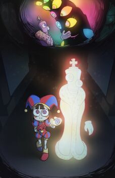 1boy 1girl abstraction_(the_amazing_digital_circus) asymmetrical_eyes blue_eyes blue_shirt blush_stickers brown_hair chess_piece commentary darkness detached_eyes difman disembodied_hand eldritch_abomination english_commentary extra_eyes flashback fur-trimmed_robe fur_trim gloves glowing hat holding_breath holding_hands jester_cap jester_costume king_(chess) kinger_(the_amazing_digital_circus) multicolored_eyes pants pomni_(the_amazing_digital_circus) purple_robe red_eyes red_shirt robe shirt the_amazing_digital_circus two-tone_eyes two-tone_hat two-tone_pants two-tone_shirt two-tone_shorts white_gloves