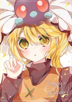 Rule 34 | 1girl, :o, black sweater, blonde hair, blush, bug, butterfly, butterfree, fangs, gen 1 pokemon, green eyes, grey background, happy birthday, highres, insect, long hair, long sleeves, looking at viewer, nintendo, on head, open mouth, orange tunic, pokemon, pokemon (creature), pokemon adventures, pokemon on head, ponytail, red eyes, simple background, sweater, to camellia, tunic, upper body, white wings, wings, yellow (pokemon)
