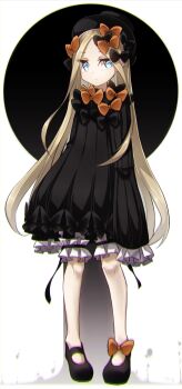 1girl abigail_williams_(fate) abigail_williams_(first_ascension)_(fate) black_bow black_dress black_hat blonde_hair blue_eyes bow breasts commentary_request dress fate/grand_order fate_(series) forehead full_body hair_bow hat highres keyhole long_hair long_sleeves looking_at_viewer orange_bow parted_bangs ribbed_dress sleeves_past_fingers sleeves_past_wrists small_breasts solo yubeshi_(zecxl)