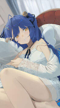 1girl absurdres ahoge amamiya_kokoro bare_legs bell black_ribbon blue_hair blush commentary_request dress feet_out_of_frame grin hair_bell hair_intakes hair_ornament hair_ribbon highres indoors long_hair lupinu5 lying neck_ribbon nijisanji on_back on_bed pillow ribbon sleeveless sleeveless_dress smile solo virtual_youtuber white_dress yellow_eyes