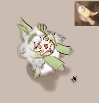 1girl ahoge animal_ears bow bug chibi ddrawins ferret ferret_ears ferret_girl ferret_tail gradient_hair green_eyes green_hair green_hairband hair_between_eyes hair_bow hairband highres indie_virtual_youtuber limealicious multicolored_hair open_mouth scared shirt solo spider twintails vinesauce virtual_youtuber white_hair white_shirt