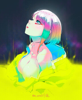 1girl breasts collarbone cyberpunk:_edgerunners cyberpunk_(series) gradient_eyes gradient_hair jk_arts large_breasts looking_up lucy_(cyberpunk) multicolored_eyes multicolored_hair red_lips short_hair signature solo white_hair