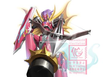 Rule 34 | aiming, aiming at viewer, armor, arrow (projectile), bakeneko38, bow (weapon), centauroid, crossbow, digimon, digimon (creature), dual wielding, extra legs, helmet, highres, holding, holding shield, long hair, pink armor, pink helmet, purple hair, shield, simple background, sleipmon, taur, weapon, white background