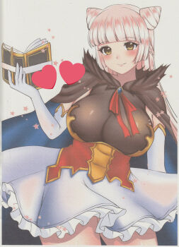 1girl book breasts chaos_puss_in_boots_(grimms_notes) cowboy_shot elbow_gloves gloves grey_hair grimms_notes heart_emoji holding holding_book huge_breasts long_hair skirt solo white_gloves white_skirt yellow_eyes