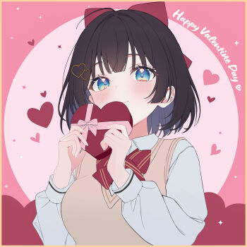 Rule 34 | 1girl, black hair, blue eyes, blush, border, bow, bowtie, box, breasts, brown sweater vest, choppy bangs, closed mouth, collared shirt, commentary request, diagonal-striped bow, funii, hair ornament, hands up, happy valentine, heart, heart-shaped box, heart background, heart hair ornament, highres, holding, holding box, korean commentary, looking at viewer, pink background, red bow, red bowtie, school uniform, shirayuki hina, shirt, short hair, solo, stellive, striped bow, sweater vest, upper body, valentine, virtual youtuber, white shirt, wing collar, yellow border