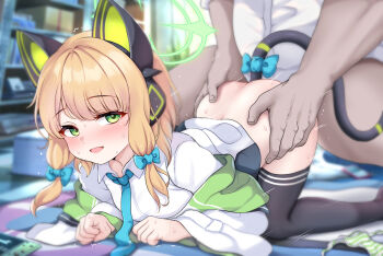 1boy 1girl :d absurdres all_fours anal_beads anal_tail animal_ears ass bent_over blonde_hair blue_archive blue_bow blue_necktie blush bottomless bow butt_plug cat_ears cat_tail clothes_pull collared_shirt commentary daram_(shappydude) deep_penetration facing_viewer fake_animal_ears fake_tail grabbing_another's_ass green_eyes groping hair_bow halo handheld_game_console heart heart-shaped_pupils hetero highres indoors jacket jacket_pull kneeling large_variant_set legs legs_apart loli looking_at_viewer looking_back medium_hair midori_(blue_archive) necktie open_clothes open_jacket open_mouth panties sex sex_from_behind sex_toy shirt smile solo_focus striped_clothes striped_panties symbol-shaped_pupils tail tail_bow tail_ornament thighs top-down_bottom-up torso_grab underwear unworn_panties vaginal variant_set white_shirt