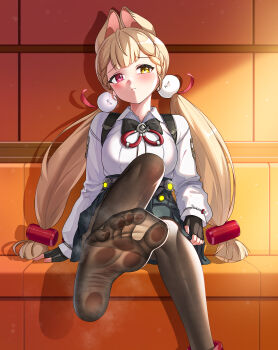 1girl absurdres alice_thymefield animal_ears black_bow black_gloves black_pantyhose blonde_hair blush bow commission embarrassed feet fingerless_gloves gloves grey_skirt highres long_hair looking_to_the_side pantyhose pixiv_commission pleated_skirt presenting_foot red_eyes reiku09 see-through_clothes see-through_legwear see-through_pantyhose shirt sitting skirt soles toes white_shirt yellow_eyes zenless_zone_zero