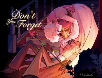 1boy 1girl alastor_(hazbin_hotel) black_pants collared_shirt commentary dress fuwahichi hazbin_hotel hellaverse highres long_dress pants pink_shirt red_hair rosie_(hazbin_hotel) sharp_teeth shirt short_hair symbol-only_commentary teeth white_dress white_hair