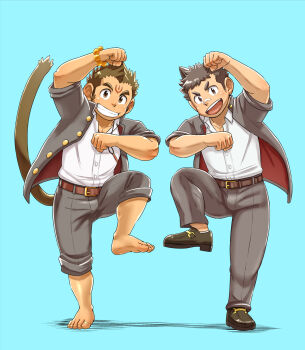 2boys animal_ears bandaid bandaid_on_face bandaid_on_nose barefoot bead_bracelet beads black_shoes blazer blush bracelet commentary_request ei_(marutendon) furry furry_male grey_pants grin hanuman_(housamo) highres jacket jewelry looking_at_viewer male_focus monkey_boy monkey_ears monkey_tail multiple_boys necklace open_mouth pants pants_rolled_up protagonist_1_(housamo) school_uniform shoes smile standing standing_on_one_leg tail tokyo_houkago_summoners