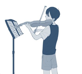 1boy antenna_hair black_eyes black_hair bow_(music) bright_pupils collared_shirt commentary_request holding holding_bow_(music) holding_instrument holding_violin instrument limited_palette male_focus music_stand omori rami_1300 sheet_music shirt short_hair short_sleeves shorts simple_background solo sunny_(omori) sweater_vest violin white_background