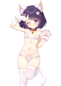 1girl :q absurdres animal_ear_fluff animal_ears animal_hands arm_up armpits azur_lane bikini black_hair blush breasts bush_(azur_lane) cat_ears cat_girl cat_tail collar gloves hair_ornament hairclip highres leg_up loli navel one_eye_closed paw_gloves pink_eyes qian_hen short_hair side-tie_bikini_bottom small_breasts smile solo standing standing_on_one_leg striped_bikini striped_clothes swimsuit tail thigh_gap thighhighs thighs tongue tongue_out white_thighhighs