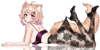 1girl absurdres ahoge animal_ear_fluff animal_ears ass black_pantyhose black_shoes blonde_hair breasts cat_ears cat_girl cat_tail colored_inner_hair crop_top facial_mark floral_print_pantyhose high-waist_pantyhose highres hooked_on_heel indie_virtual_youtuber lace lace_pantyhose lace_pantyhose_hooked_on_heel_(meme) looking_at_viewer lying medium_breasts medium_hair meme mole mole_on_breast multicolored_hair on_stomach pantyhose pantyhose_tug purple_hair rainenleaf red_eyes second-party_source see-through_pantyhose shoes shyrei_faolan solo tail virtual_youtuber whisker_markings white_background