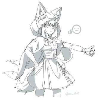 1girl animal_ears arknights arknights:_endfield commentary_request greyscale hand_on_own_hip highres hood hood_up minowa_sukyaru monochrome rossi_(arknights) simple_background sketch solo tail white_background wolf_ears wolf_girl wolf_tail