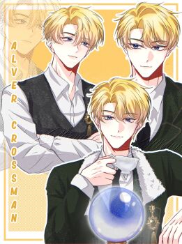 1boy alberu_crossman black_necktie black_vest blonde_hair blue_eyes character_name closed_mouth collared_shirt crossed_arms cup green_jacket highres holding holding_cup jacket kattleyya long_sleeves looking_at_viewer lout_of_count&#039;s_family male_focus mole multiple_views necktie outline parted_bangs shirt short_hair smile teacup upper_body vest virtual_youtuber white_outline white_shirt yellow_background zoom_layer