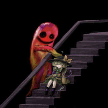 1girl arms_at_sides black_background black_hat black_shoes blouse blush_stickers bow buttons closed_eyes closed_mouth creature crossover dark diamond_button floral_print frilled_shirt_collar frilled_sleeves frills green_hair green_skirt hair_over_shoulder hat hat_bow hat_ribbon headpat heart heart_of_string heripantomorrow holding holding_knife horror_(theme) kitchen_knife knife koishi_komeiji&#039;s_heart-throbbing_adventure komeiji_koishi kyukkyu-kun left-handed long_hair long_sleeves looking_at_another motion_lines petting railing ribbon rose_print shirt shoes simple_background sitting sitting_on_stairs skirt smile stairs third_eye touhou wavy_hair wide_shot wide_sleeves yellow_bow yellow_ribbon yellow_shirt yume_nikki