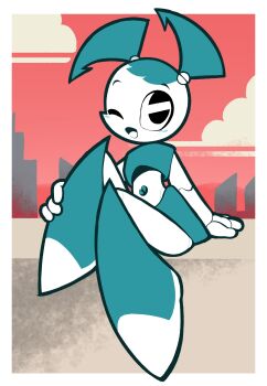 1girl absurdres aqua_hair black_eyes bolt_(hardware) cityscape colored_skin gato_del_futuro highres jenny_wakeman joints knee_up light_blush my_life_as_a_teenage_robot one_eye_closed orange_sky red_sky robot_girl robot_joints silhouette sitting sky smile solo twintails white_skin y2k_fashion